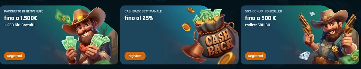 “Three horizontal promo cards in Italian: a welcome package up to €1,500 + 250 free spins with a smiling cowboy holding banknotes; weekly cashback up to 25% with a ‘Cash Back’ money bag and coins; and a 50% highroller bonus up to €500 (code: 50HIGH) with a cowboy holding two pistols, each with a ‘Registrati’ button.”